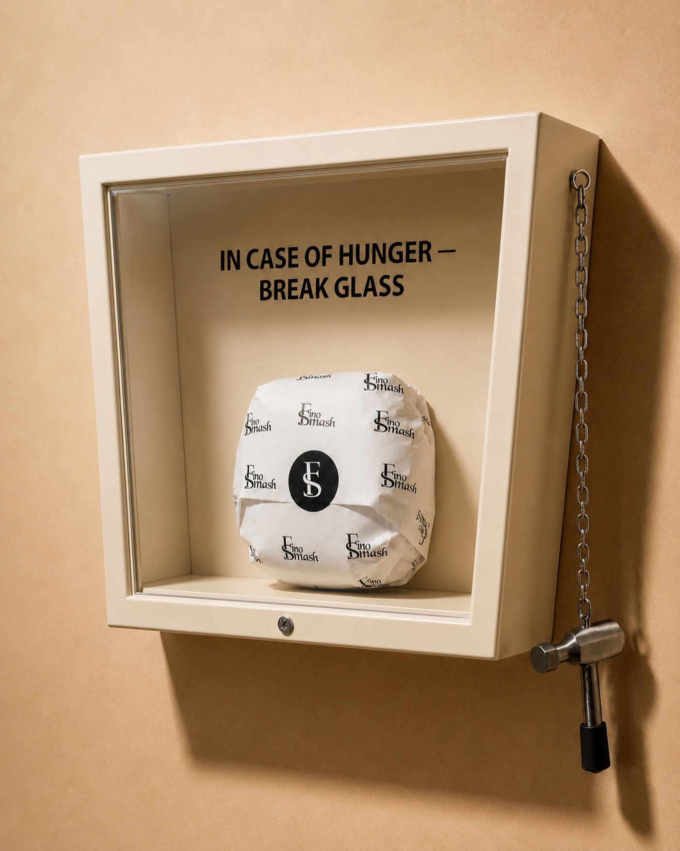 FinoSmash campaign: a wrapped FinoSmash burger inside a cream break-glass case reading In case of hunger — break glass